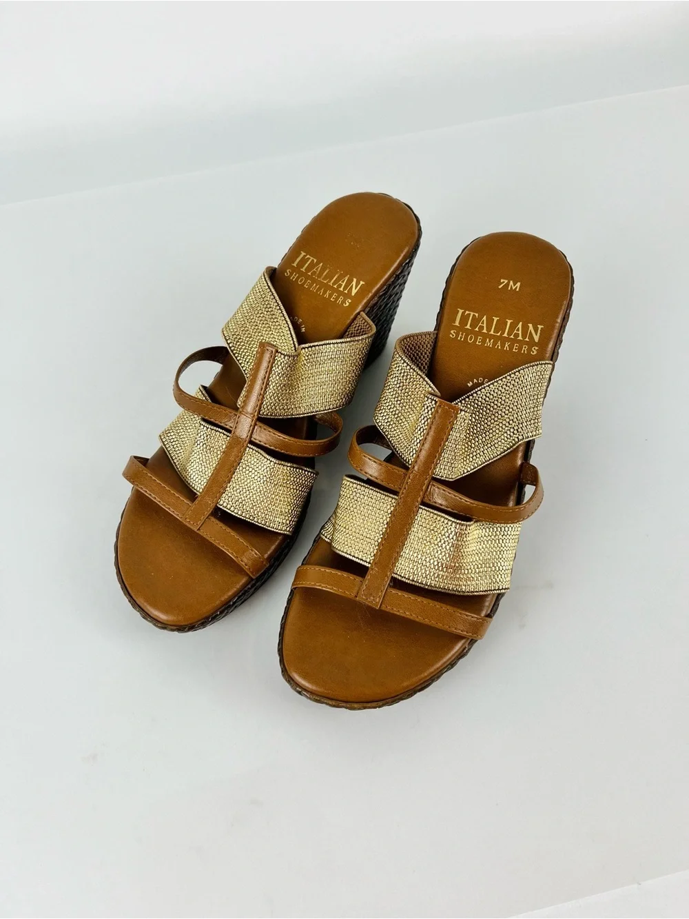 Italian Shoemakers Metallic Gold and Dark Tan Woven Wedge Sandals Size 7